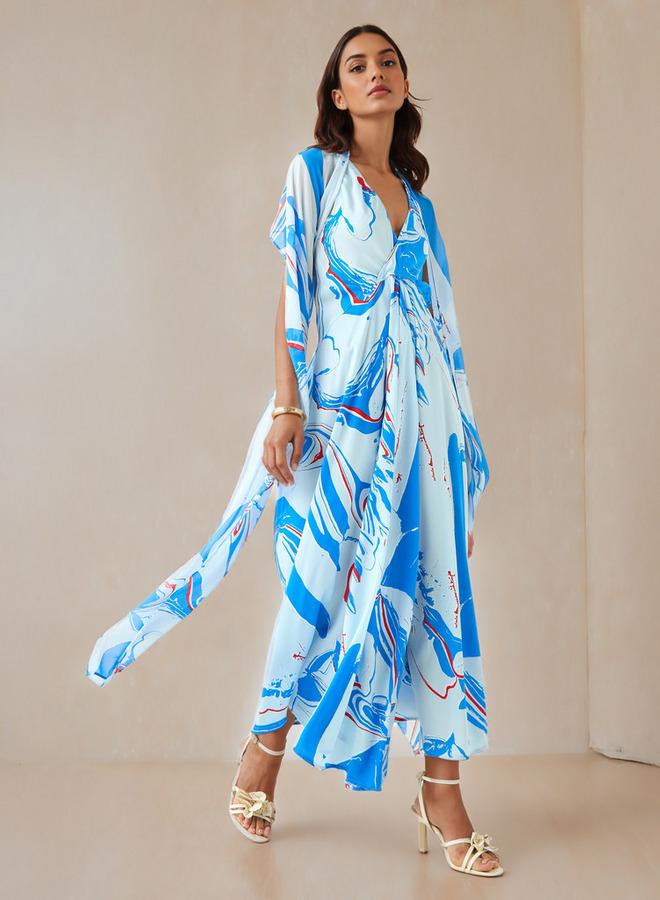 Iconic Abstract Print V-neck Sleeveless Dress with Scarf - Image 2
